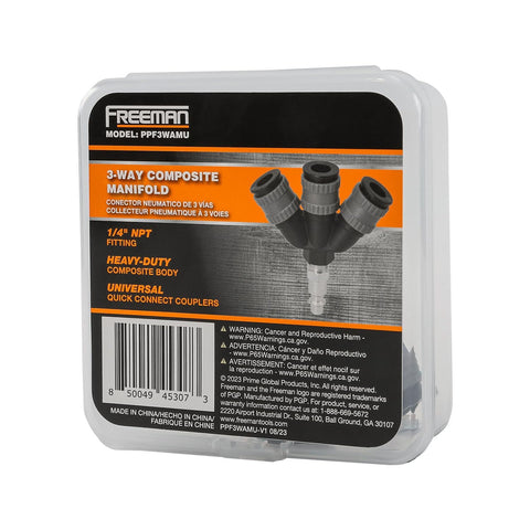 Packaging of 3 Way Air Manifold with Lightweight Composite Construction, One Quarter Inch Inlet and 6 Ball Universal Quick Connect Couplers
