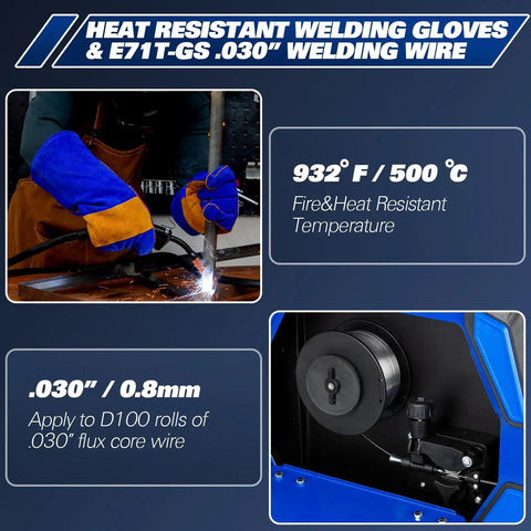 135A 3 In 1 Welder For Home DIY Boss Level 110V Inverter showing heat resistant welding gloves and E71T-GS .030" welding wire