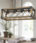 5 Light Rustic Farmhouse Linear Chandelier For Kitchen Island And Dining Room 27 Inch Wood And Metal Pendant Light Over Table