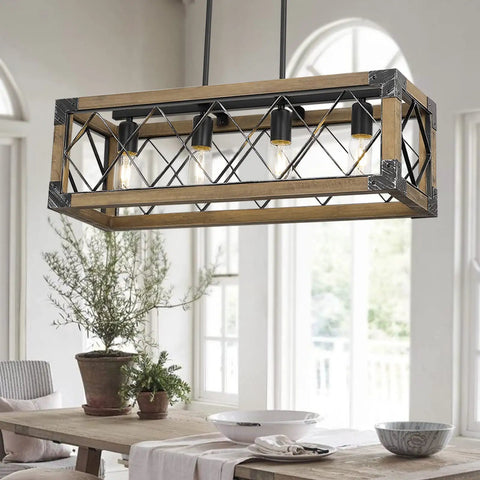 5 Light Rustic Farmhouse Linear Chandelier For Kitchen Island And Dining Room 27 Inch Wood And Metal Pendant Light Over Table