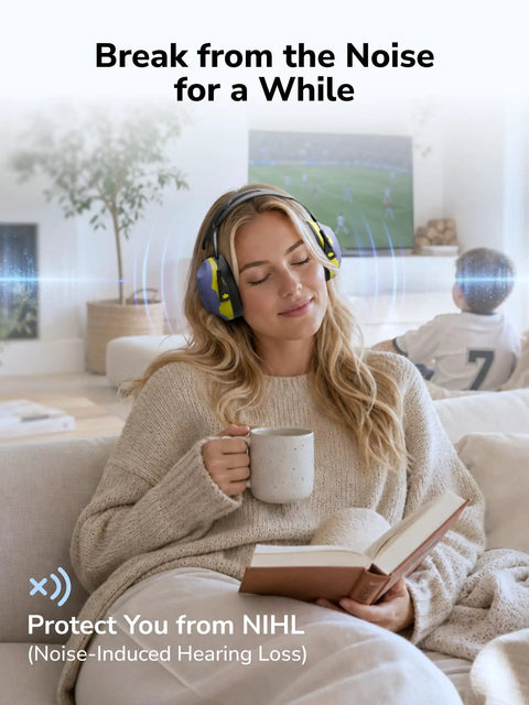 Woman relaxing on couch wearing Noise Cancelling Earmuffs For Kids And Adults With Kid Friendly All Day Comfort Fit Hearing Protection NRR 28 dB For Mowing Woodworking Concerts Fireworks And Sensory Friendly Autism Support