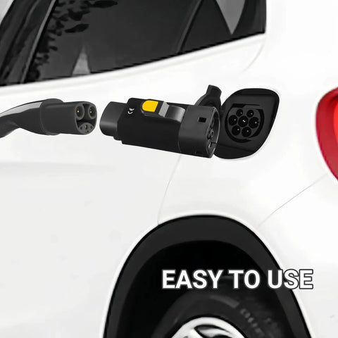 Hella Durable EV Charging Adapter NACS To IEC 62196 Type 2 Connector AC EVSE Plug 32 Amp 250 Volt 7 Kilowatt connected to an electric vehicle.