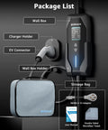 Package list for Rapid Home Electric Charging Station including wall box, charger holder, EV connector, storage bag, NEMA 5-15 adapter.