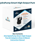 HydraPump Smart High Output Submersible Pump With HydraDetect Auto Operation product box showing pump image and features.