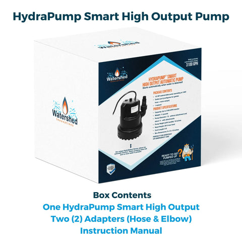 HydraPump Smart High Output Submersible Pump With HydraDetect Auto Operation product box showing pump image and features.