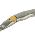 Snap Off Knife Pro Retractable Blade Utility Knife with 18mm Width Stainless Steel Blade Guide Quick Tool Free Blade Change Ergonomic Silver Handle For Smooth Cuts, showing side view of silver handle and blade.