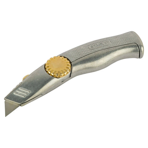 Snap Off Knife Pro Retractable Blade Utility Knife with 18mm Width Stainless Steel Blade Guide Quick Tool Free Blade Change Ergonomic Silver Handle For Smooth Cuts, showing side view of silver handle and blade.
