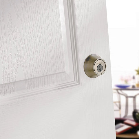 660 Series Single Cylinder Deadbolt Lock in Satin Nickel with SmartKey Rekey Security on white door