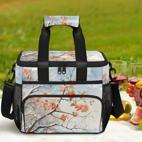 Insulated Picnic Backpack Lunch Box for Women and Men Spacious Tote Cooler with floral pattern on a picnic blanket outdoors.