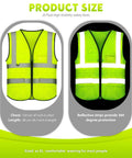 Front and back view of Heavy Duty Reflective Safety Vests Twenty Pack Zippered Mesh Top with deep pockets, XL size for job sites.