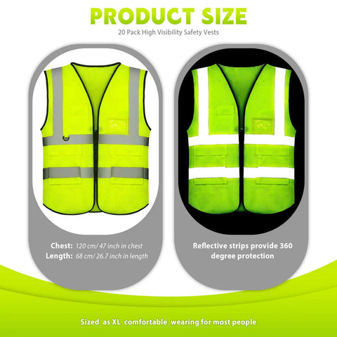 Front and back view of Heavy Duty Reflective Safety Vests Twenty Pack Zippered Mesh Top with deep pockets, XL size for job sites.