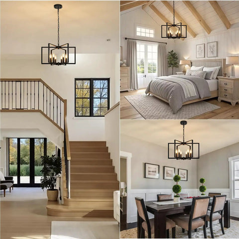 Six Light Black Farmhouse Chandelier Featuring Smooth Geometric Frames Slick Industrial Ceiling Fixture Solid Metal Edison Socket Kickin Up Charm For Kitchen Island And Foyer in various living spaces.