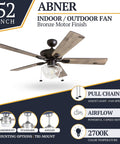 Abner Modern Farmhouse 52 Inch Ceiling Fan With Light For Indoor Outdoor Use Tri Mount LED Ceiling Fan With Five Blades In Bronze Finish