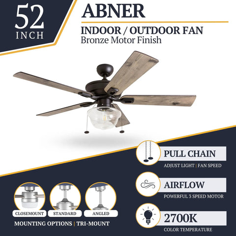 Abner Modern Farmhouse 52 Inch Ceiling Fan With Light For Indoor Outdoor Use Tri Mount LED Ceiling Fan With Five Blades In Bronze Finish