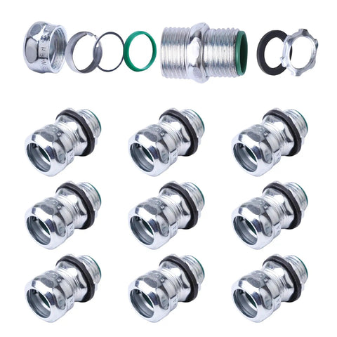 Ten Pack 1/2 Inch EMT Raintight Compression Connectors Zinc Plated Steel Insulated Waterproof Box Connector CULus Listed Electrical Conduit Fittings