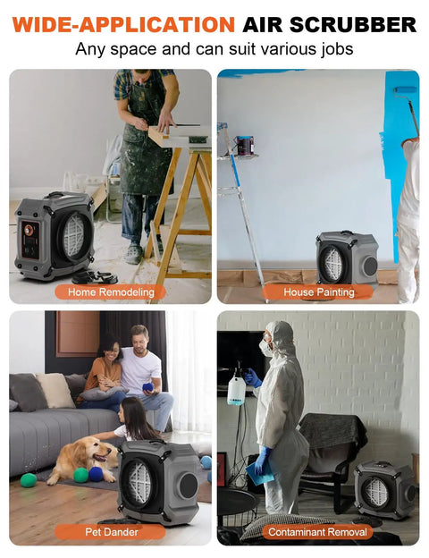 Image of Air Scrubber With MERV 10 Pre Filter And HEPA Activated Carbon Filters for various uses, including remodeling, painting, and cleaning.