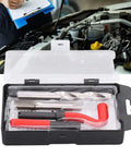 M14x1.5 Thread Repair Kit With Stainless Steel Inserts HSS Drill And Tap For Auto Engine Block Repair, in open case near engine