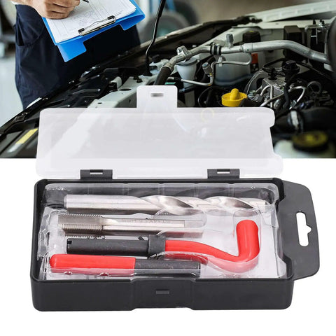 M14x1.5 Thread Repair Kit With Stainless Steel Inserts HSS Drill And Tap For Auto Engine Block Repair, in open case near engine