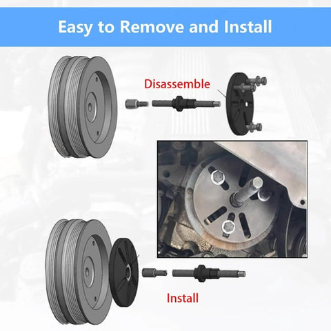 Diagram showing the use of the 59 Piece Harmonic Balancer Puller And Installation Tool Kit With Flywheel Remover And Crankshaft Pulley Removal Set For Steering Wheel Pulling Compatible With Popular GM Models Like Regal And Lacrosse Great For DIY Auto Repair.
