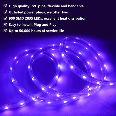 Coiled 50Ft Black Light Rope Lights Kit 110V Waterproof Flexible Cuttable Connectable LED Strip glowing in purple light