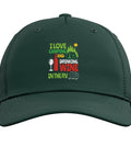 Road Trip Ready Adjustable Printed Baseball Hat For Camping And Wine Loving RVers dark green cap with camping wine design