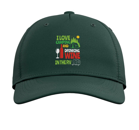 Road Trip Ready Adjustable Printed Baseball Hat For Camping And Wine Loving RVers dark green cap with camping wine design