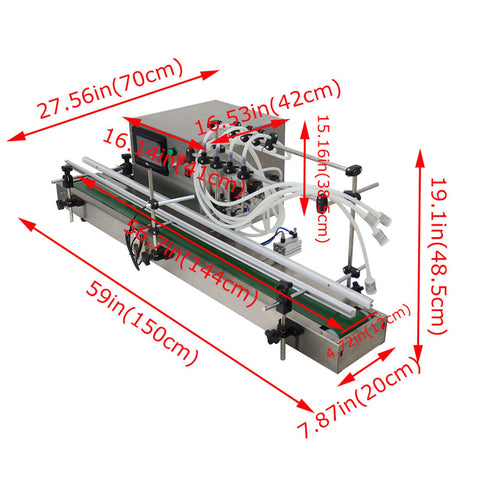 Zero Fuss Automatic Desktop 4 Head Liquid Filling Machine With Digital Controls And Rock Solid Stainless Steel Frame For Slick Dosing Of Drinks Beauty Products And Syrups 110V with dimensions labeled.