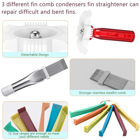5 Piece Air Conditioner Fin Cleaner Set shown with fin straighteners and brushes, highlighting detachable and stainless steel designs.