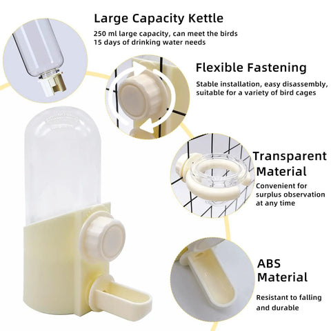 No Mess No Fuss Bird Water Dispenser And Food Feeder Set With Heavy Duty Perch Pole for Parrot Cage Accessories, large capacity, clear plastic.