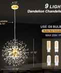Modern Dandelion Firework Crystal Chandelier Gold Pendant Lighting Fixture For Dining Room Bedroom Entryway Foyer 9 Light