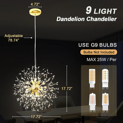 Modern Dandelion Firework Crystal Chandelier Gold Pendant Lighting Fixture For Dining Room Bedroom Entryway Foyer 9 Light