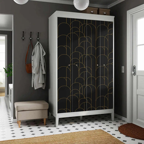 Wardrobe decorated with Dope Black Geometric Peel And Stick Wallpaper Self Adhesive Removable Matte For Easy Home Decor And Furniture Renovation 17.71 Inch By 275 Inch Line Up Easily