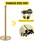 Velvet Rope Stanchion Set With Gold Posts And Ball Tops, pipe thickness detail, stainless steel post for crowd control