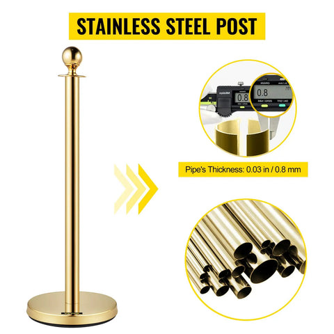Velvet Rope Stanchion Set With Gold Posts And Ball Tops, pipe thickness detail, stainless steel post for crowd control
