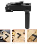 Compact Portable Aluminum Woodworking Clamp With Quick Clamping Function, shown on a workbench with woodworking tools.