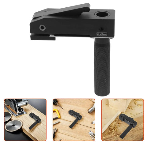 Compact Portable Aluminum Woodworking Clamp With Quick Clamping Function, shown on a workbench with woodworking tools.