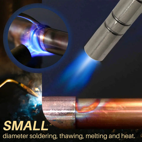 Close-up of Pro Grade Self Ignition Propane Torch Head Kit With Trigger Start in use on copper pipe showing pencil flame.