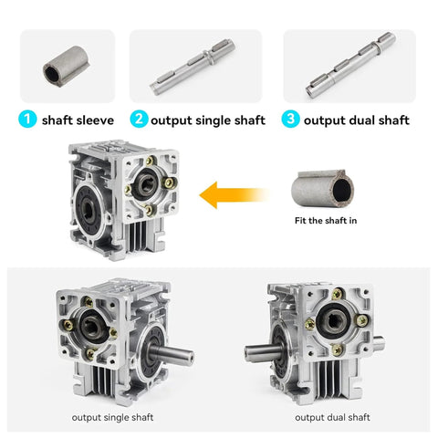 XUNKUNER NMRV030 worm gearbox with 14 mm output shaft, 100 mm length; gray housing, single and dual shaft options.