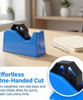 Portable Plastic Tape Dispenser With Weighted Non Slip Base And Vertical Roll Mechanism, Quick Release Blade, Desk Side Organizer For Washi And Masking Tapes, Great For Office, School, And Stationery Setups, blue plastic on desk