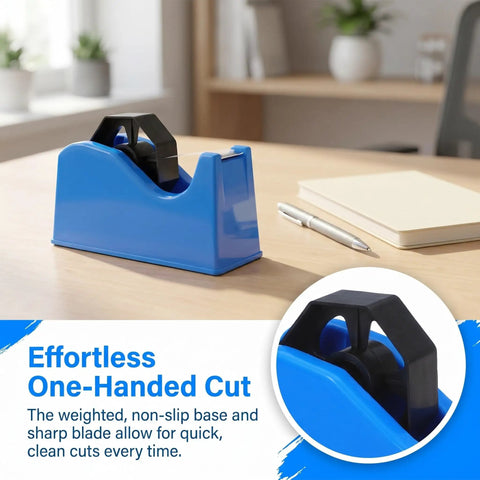 Portable Plastic Tape Dispenser With Weighted Non Slip Base And Vertical Roll Mechanism, Quick Release Blade, Desk Side Organizer For Washi And Masking Tapes, Great For Office, School, And Stationery Setups, blue plastic on desk