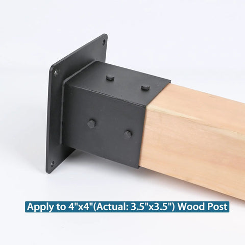 Beefy Two Pack 3.6 By 3.6 Inch Post Base Anchors In Stainless Steel With Black Finish, shown on wood post