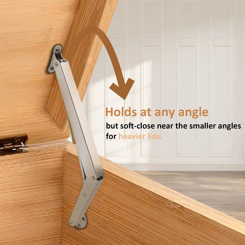 Gas strut hinges, 2-pack, 150N, installed on a wooden lid; hydraulic soft-close for heavy lids.