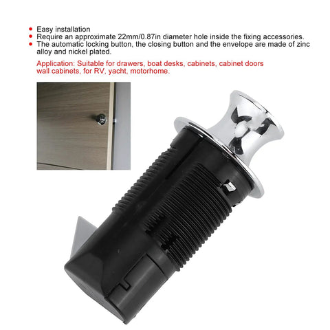 Straight Up Solid Round Zinc Alloy Push Button Cabinet Lock Automatic Push To Close Hardware For Boat Marine Yacht Motorhome RV Doors side view with installation details.