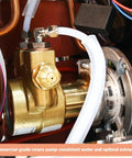 Internal view of two group commercial espresso machine with semi automatic controls 1.6 gallon boiler rotary pump stainless steel finish.