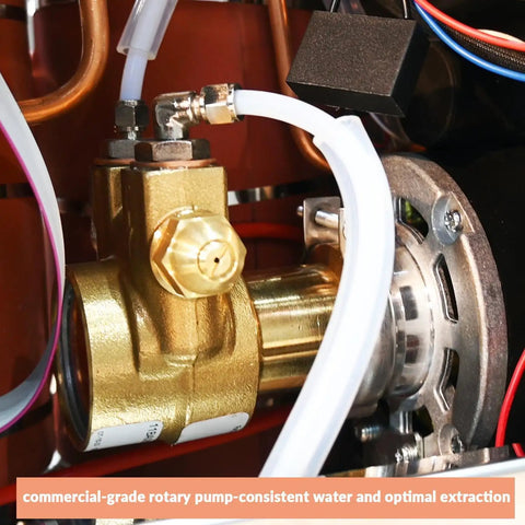 Internal view of two group commercial espresso machine with semi automatic controls 1.6 gallon boiler rotary pump stainless steel finish.