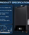 Product specifications for Propane Tankless Water Heater That Knocks It Out Of The Park Delivering Six Point Three Gpm And One Sixty Grand Btu.