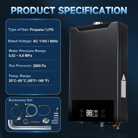 Product specifications for Propane Tankless Water Heater That Knocks It Out Of The Park Delivering Six Point Three Gpm And One Sixty Grand Btu.