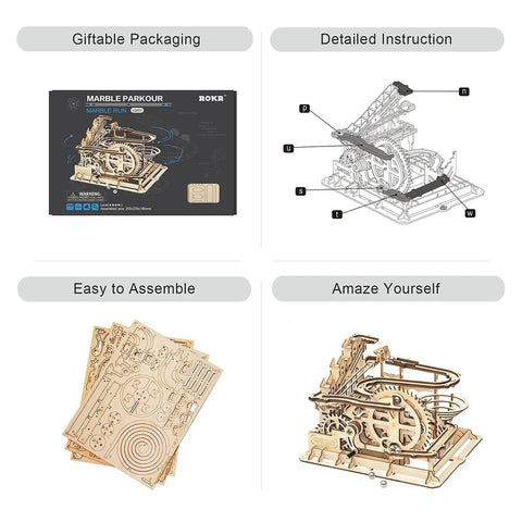 Totally 3D Wooden Marble Run Puzzle Kit With Gear Powered Roller Coaster Track For Adults No Glue Needed Hands On DIY Mechanical Model Gift Idea With Waterwheel Lifter And Multi Level Tracks, kit parts and assembled model