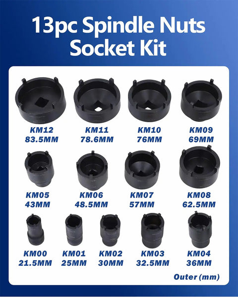 Garage Ready 13 Piece Axle Nut Socket Kit Featuring Hella Tough Exterior with various sizes of spindle nut sockets.