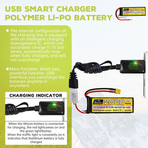 USB charging cable connected to 3S Lipo Battery 11V 2000mAh 35C, XT30 plug, designed for RC cars, trucks, boats, drones, and FPV quadcopters.